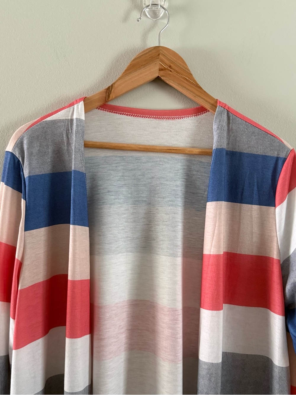 Striped Open-Front Cardigan Sweater - Blue, Coral & Cream - Picture 4 of 9